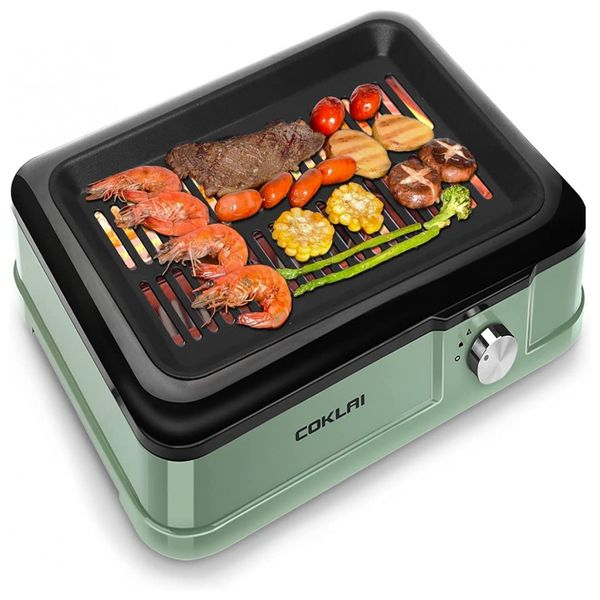 Churrasqueira Elétrica Antiaderente, Aço Inoxidável, 1660W, Branca, 110v, COKLAI, Preto