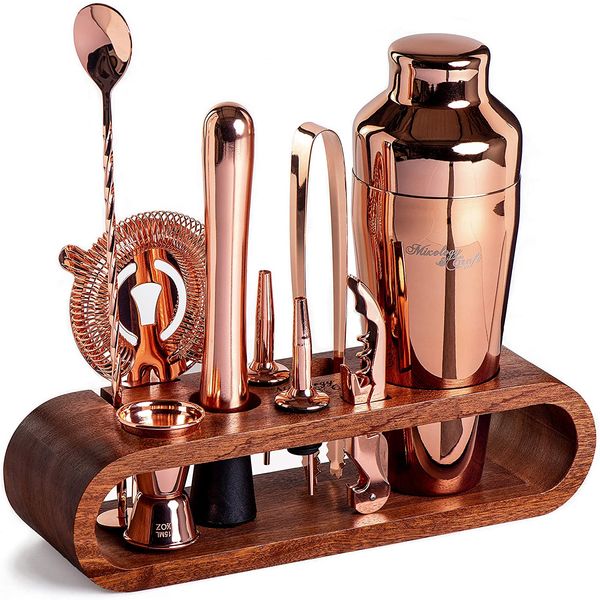Mixology Kit Bn Profissional 10 Peças em Aço Inoxidável com Suporte de Madeira, Rose Gold