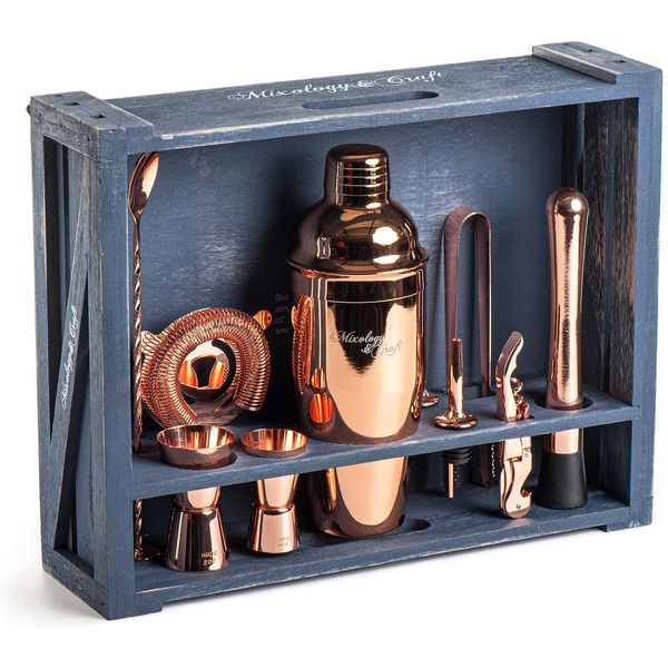 Mixology Kit Bn Profissional 24 Peças em Aço Inoxidável com Suporte Rústico, Azul