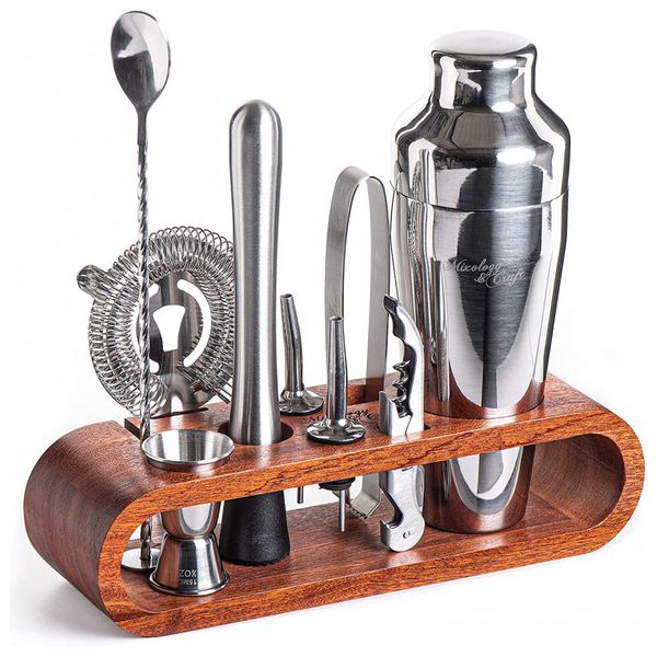 Mixology Kit Bn Profissional 10 Peças em Aço Inoxidável com Suporte, Marrom e Prata