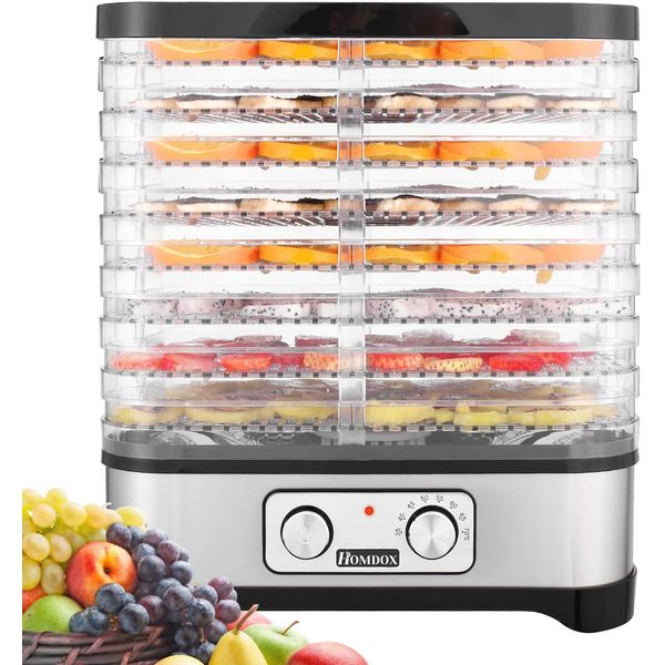 Homdox Máquina desidratadora de Alimentos c, 8 Bandejas, Aço Inoxidável, 600w, 110V, Preta