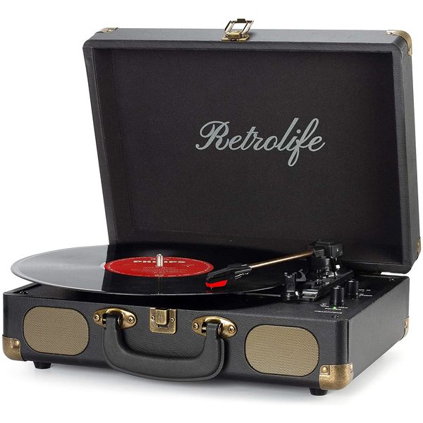 Retrolife Vitrola, Toca Discos 3 Velocidades, sem fio, c, USB e Entrada AUX, 45 RPM, Preto