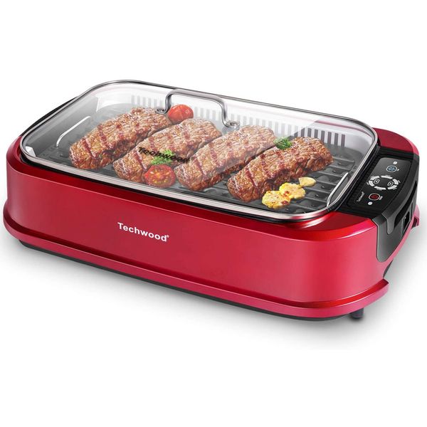 Techwood Churrasqueira Elétrica Antiaderente Portátil, Serve até 4 Pessoas, 110V, 1500W, Vermelha