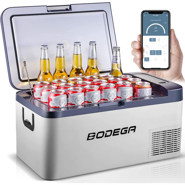 BODEGA Geladeira, Cooler Portátil Automotivo 25L, Controlável por APP, 45W, 12V, Branco