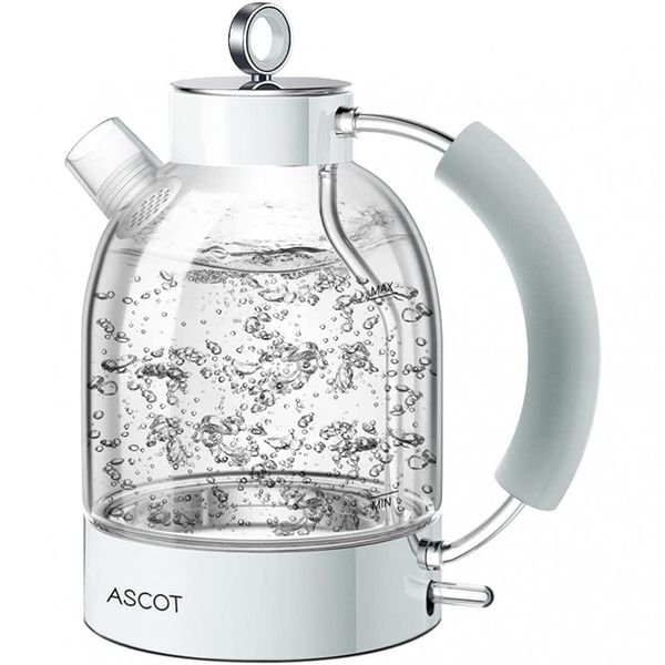 ASCOT Chaleira Elétrica de Vidro 1.7L, Aço Inoxidável, 1500W, 110V, Branca