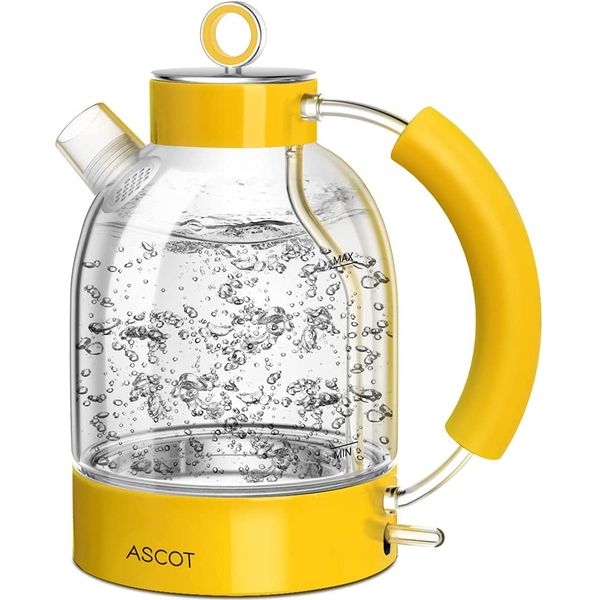ASCOT Chaleira Elétrica de Vidro 1.7L, Aço Inoxidável, 1500W, 110V, Amarelo