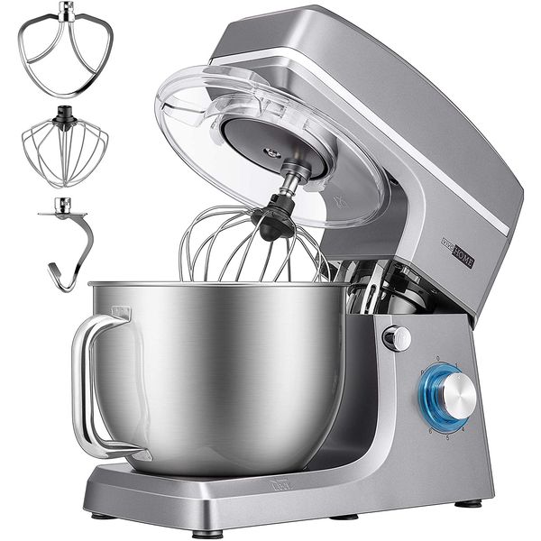 VIVOHOME Batedeira de Bancada 6 Velocidades, c, 3 Acessórios, 7 Litros, 660W, 110V, Cinza
