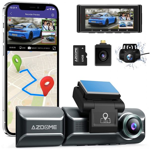 AZDOME M550 Câmera Veicular Full HD 1080p, com GPS, Gravação 4K Ultra HD, Visão Noturna, incluso Cartão de 32 GB, Wi Fi, Preta.
