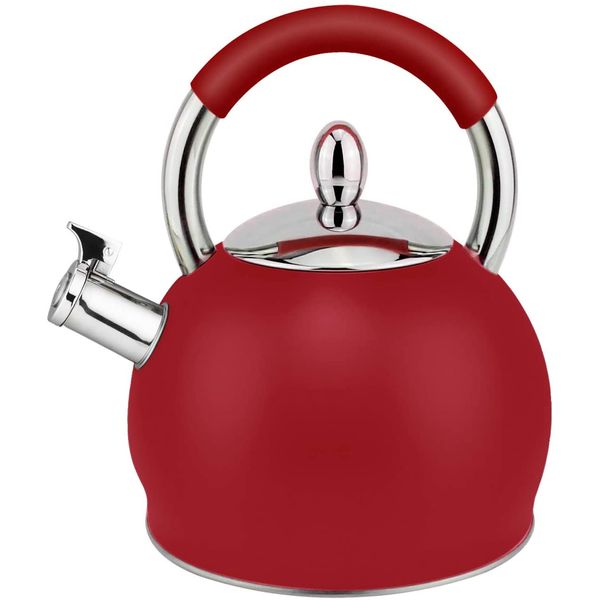 HausRoland Chaleira 3L com Apito e Cabo ergonômico, Aço Inoxidável, Vermelha