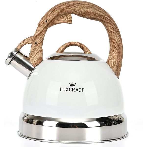 LUXGRACE Chaleira 2L com Apito e Cabo ergonômico, Aço Inoxidável, Branco