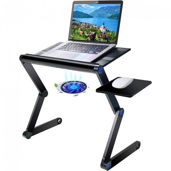 Suporte atualizado de alumínio para laptop ajustável com ventilador de resfriamento e mouse pad, mesa de colo ergonômica reforçada, dobrável prata