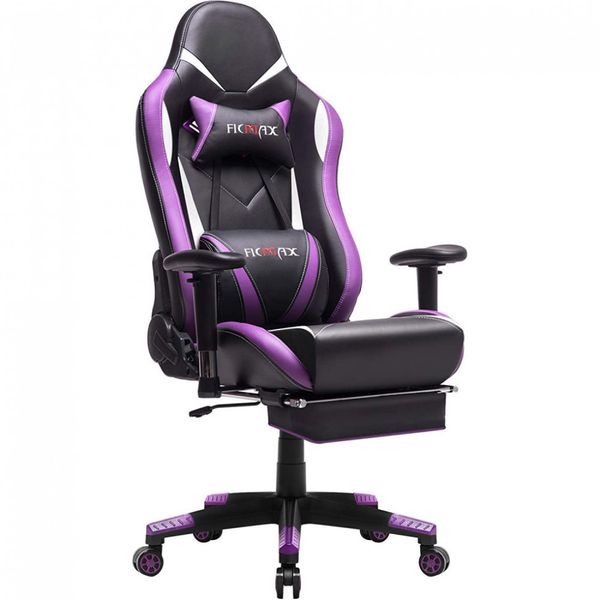 Cadeira Gamer Ficmax, Ergonômica, Com Massagem, Couro, 360 Graus, Preto, Roxa