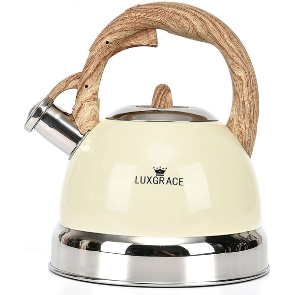 LUXGRACE Chaleira 2L com Apito e Cabo ergonômico, Aço Inoxidável, Creme