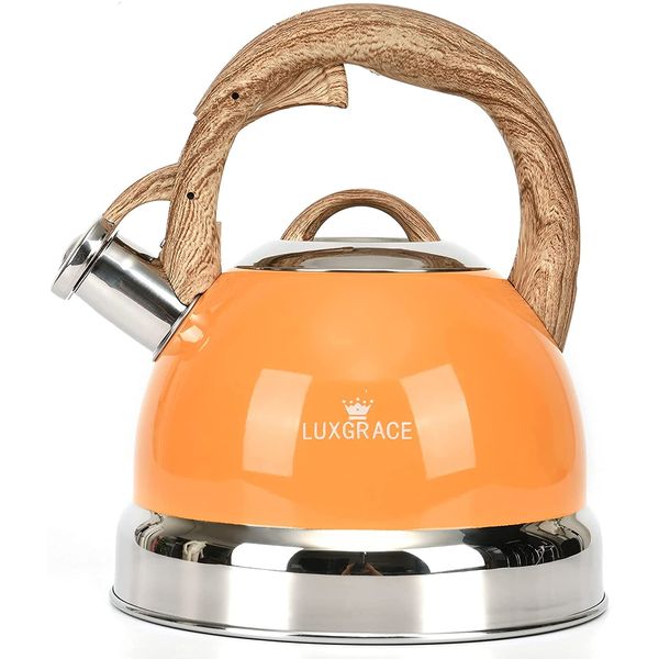 LUXGRACE Chaleira 2L com Apito e Cabo ergonômico, Aço Inoxidável, Laranja
