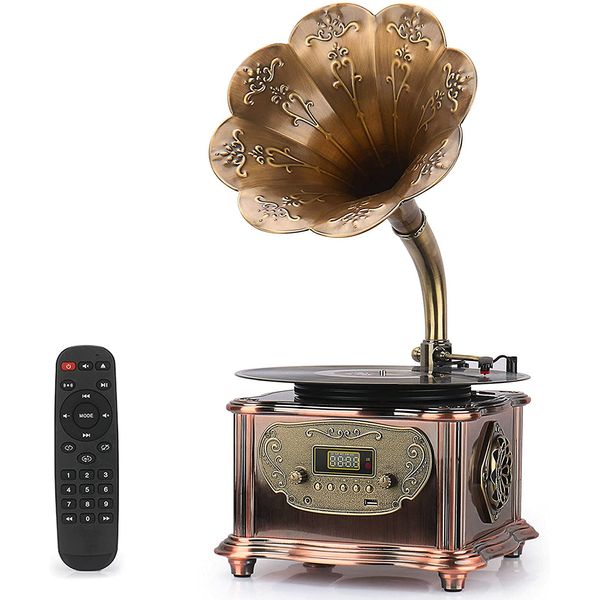 GDEAST Vitrola, Toca Discos 3 Velocidade, sem fio, c, USB e Controle Remoto, 45 RPM, Bronze