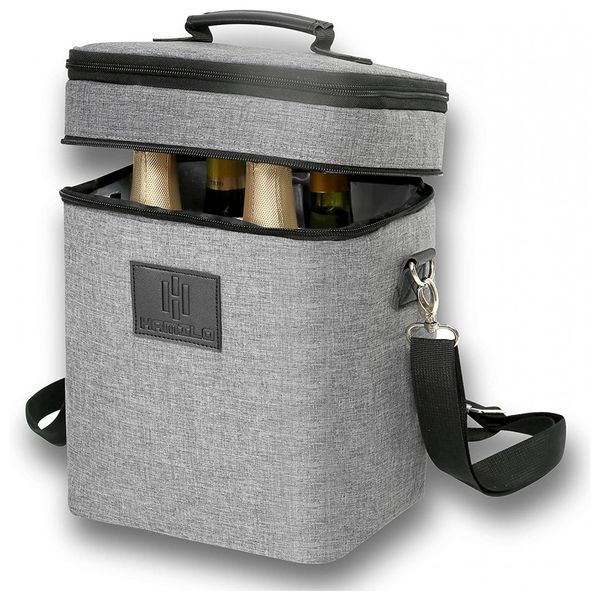 HAMILO Bolsa Térmica Para Transporte de Vinhos até 4 Garrafas com Zíper Expansível, Preta