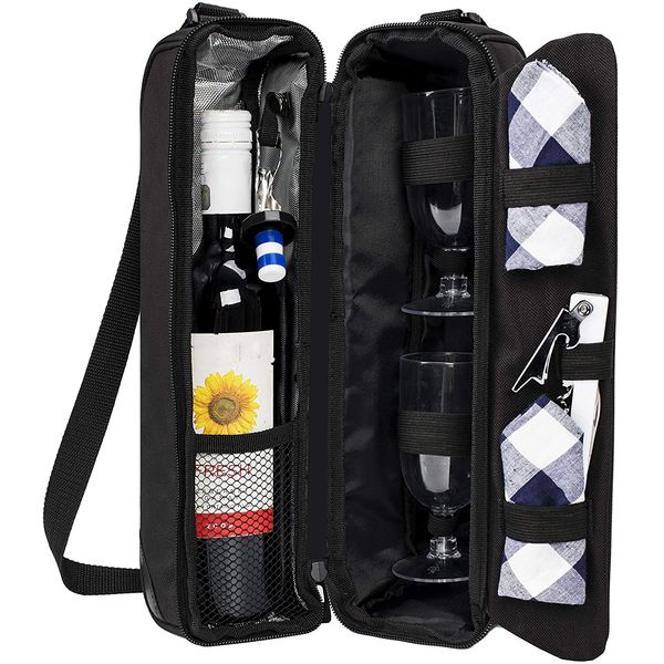 ALLCAMP Bolsa Térmica Para Transporte de Vinhos até 1 Garrafa com Compartimentos p, Talheres e Taças