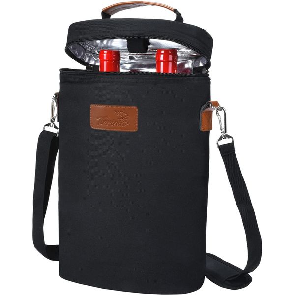 Tirrinia Bolsa Térmica Para Transporte de Vinhos até 2 Garrafas com Alça Ajustável, Preta