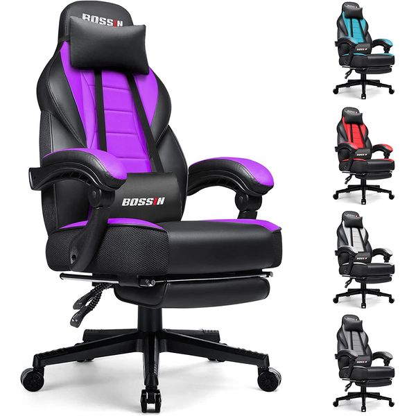BOSSIN Cadeira de Escritório Gamer Reclinável e Ergonômica com Apoio para Lombar, Roxa