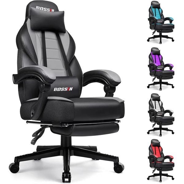 BOSSIN Cadeira de Escritório Gamer Reclinável e Ergonômica com Apoio para Lombar, Cinza Escuro