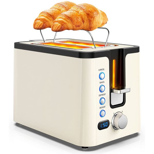 Nouno Torradeira Elétrica de 2 Fatias com 6 Níveis de Tostagem e Função Bagel, 110V, 800W, Creme