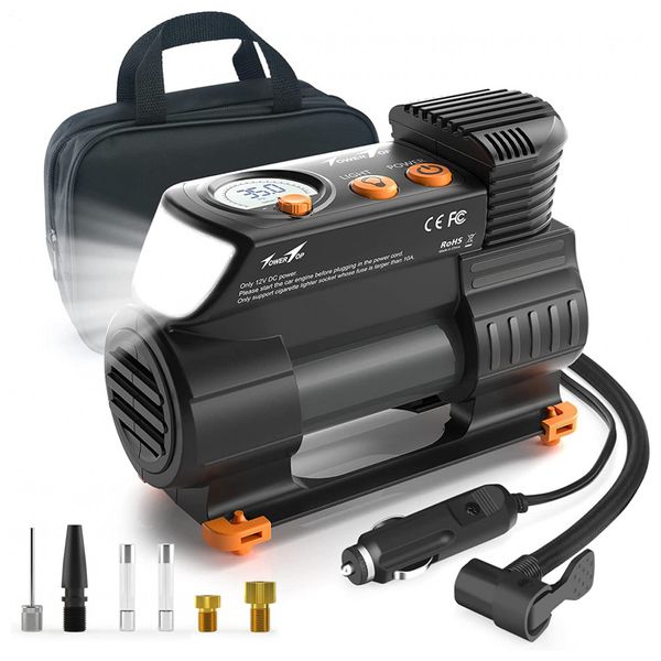 Compressor de Ar Elétrico TowerTop, 35PSI, 12V, 100W, Automático, C, Luz LED de Emergência, Preto