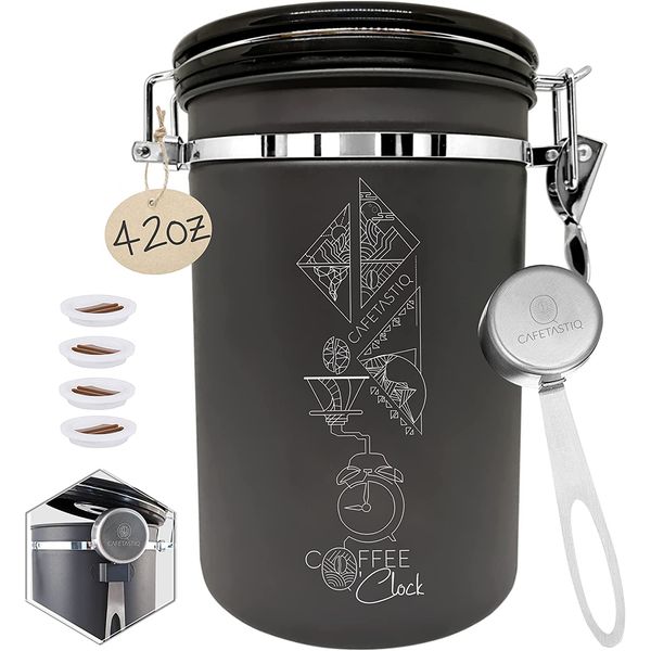 CafetastiQ Pote Hermético 1,2L em Aço Inoxidável com Colher Medidora, Cinza