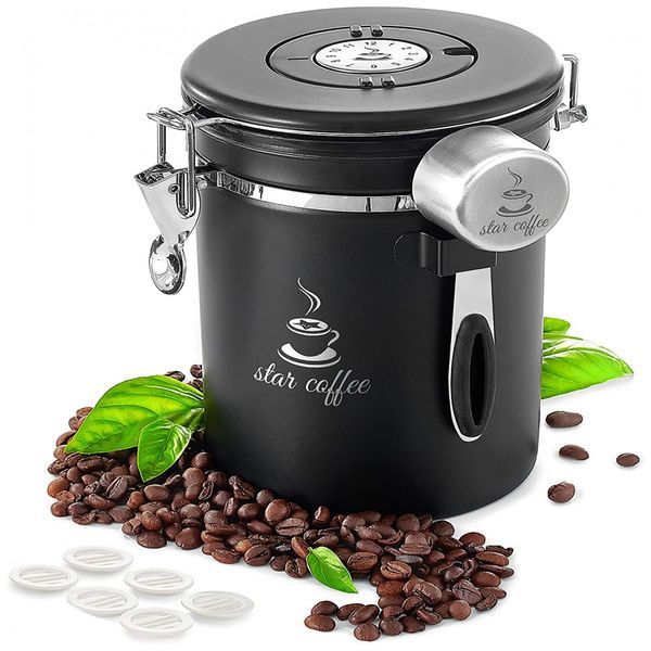 Star Coffee Pote Hermético para Café 473 mL com Visor Transparente e Colher Medidora, Preta