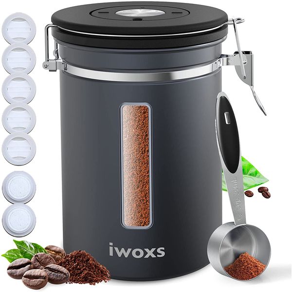 iwoxs Pote Hermético para Café 650 mL com Visor Transparente e Colher Medidora, Preta