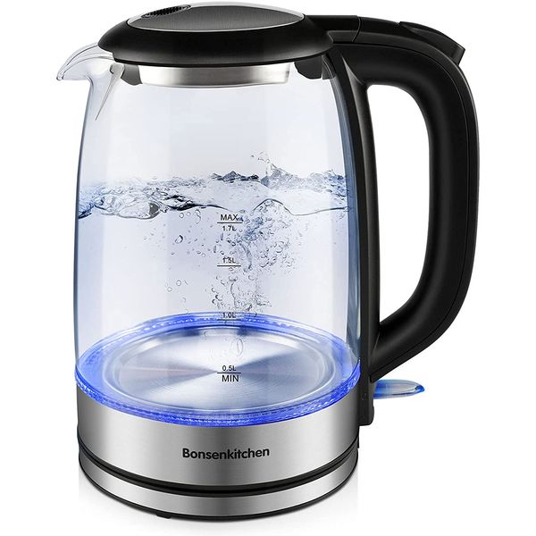 Bonsenkitchen Chaleira Elétrica 1.7L, Aço Inoxidável, Desligamento Automático, 110V, 1500W, Preto