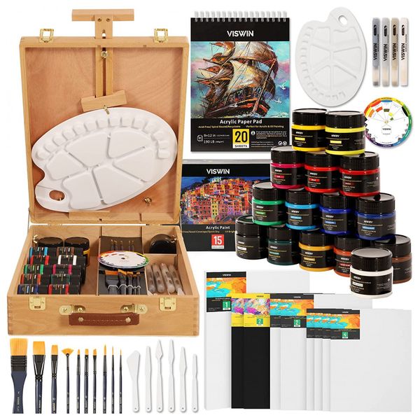 Kit de Pintura Profissional com Maleta de Madeira, 48 Peças, VISWIN, Marrom