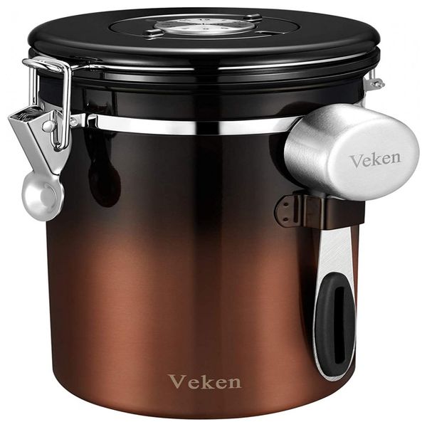 Pote Hermético para Café 635g em Aço Inoxidável com Colher Medidora, VEKEN, Marrom