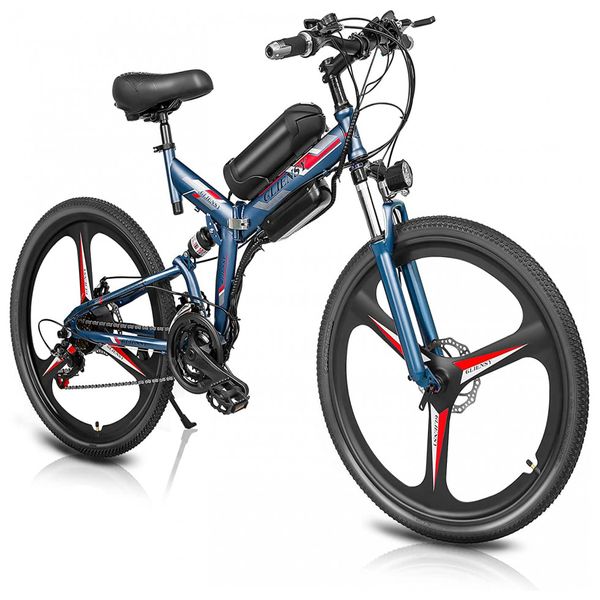 Bicicleta Elétrica Motorizada 26 Velocidades e 3 Modos, 350W, WWAHUAYUAN, Azul Escuro