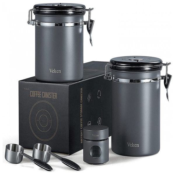 Potes Herméticos para Café com 12 Válvulas de CO2 e Colher Medidora, VEKEN Coffee Canister, Cinza