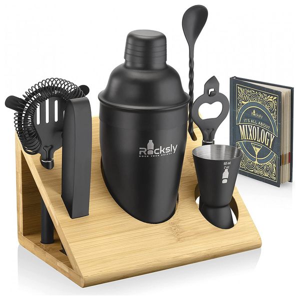 Mixology Kit Bn Profissional 6 Peças em Aço Inoxidável com Suporte e Livro de Receitas, ROCKSLY, Preto