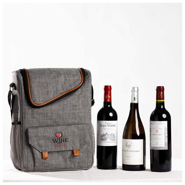 Bolsa Térmica Para Transporte de Vinhos com Detalhe em Couro até 3 Garrafas, WINE ABOUT IT, Cinza
