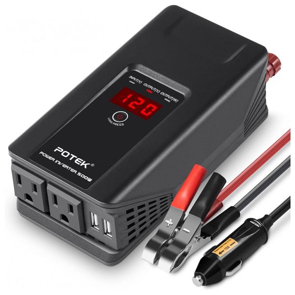 Inversor de Potência Automotivo, com Display Digital e Tomadas e USB Duplos, POTEK PI 500W, Preto