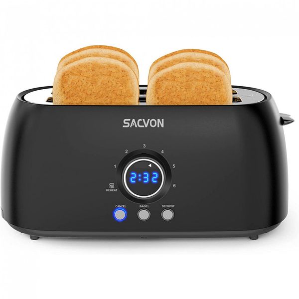 SACVON Retro Torradeira de 4 Fatias de Aço Inoxidável com Temporizador Digital, 1300W, 110V, Preta
