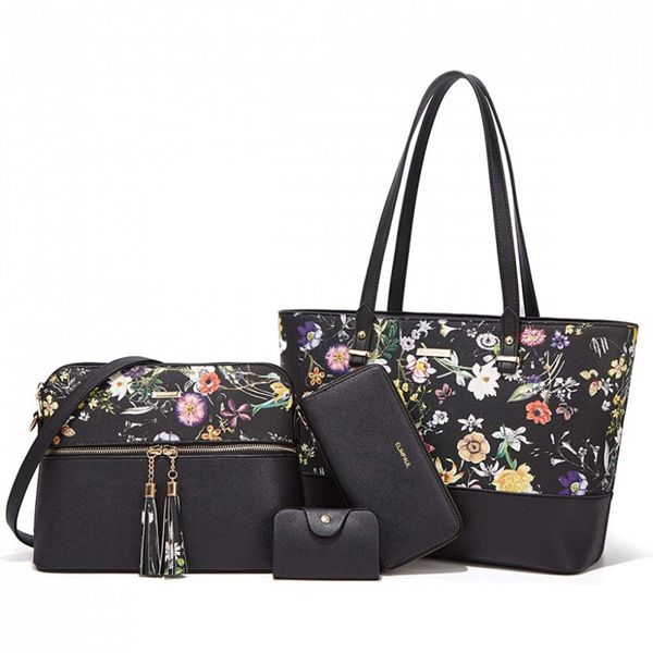 YTL Conjunto de Bolsas Femininas de Ombro com Alça Superior, 4 Unidades, Preta Florida