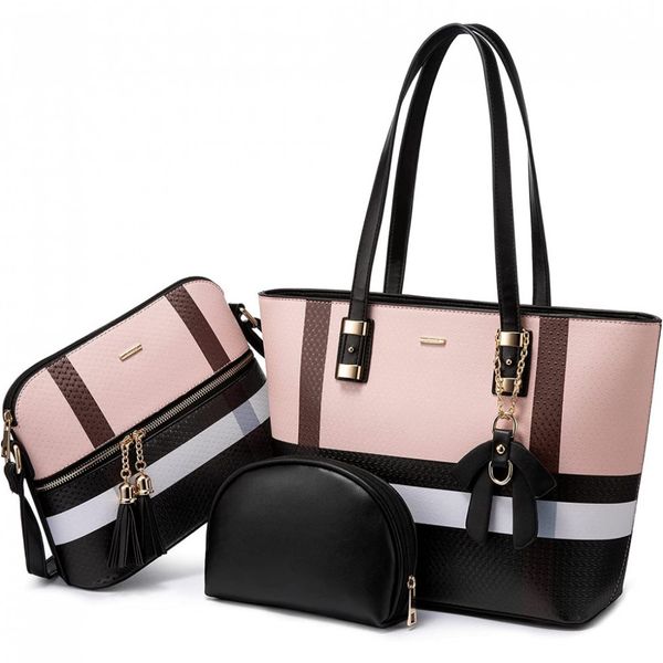 Lovevook Conjunto de Bolsas Feminina de Ombro, 3 Unidades, Preta e Rosa