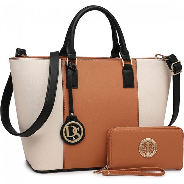 DASEIN Bolsa Feminina de Ombro de Couro Sintético com Carteira Combinando, Marrom e Branca