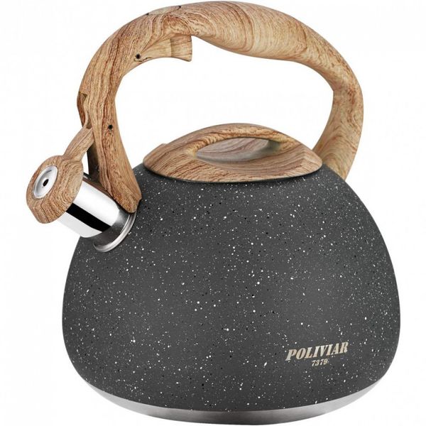 Poliviar Tea Kettle, 2.7 Quart Natural Stone Finish with Wood Pattern Handle Loud Whistle Food Grade Stainless Steel Teapot, Anti Hot Handle and Anti