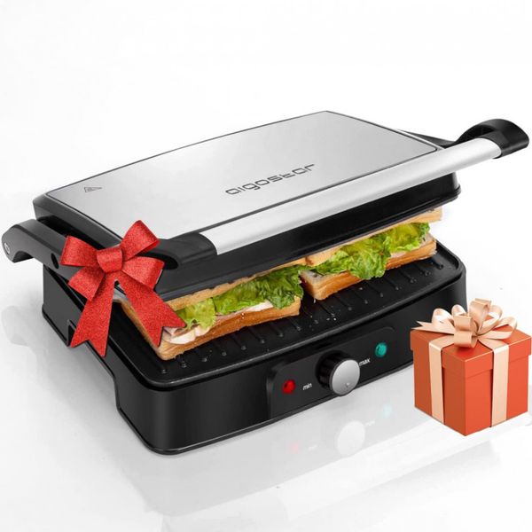 Electric Panini Press Indoor Grill Sandwich Maker, Aigostar 1500 Watts Versatile Grills with Floating H, Removable Drip Tray and 180 Degree Opening