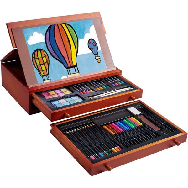 Art Supplies KIt de Pintura Profissional com Maleta de Madeira, 99 Peças, POPYOLA, Marrom Escuro