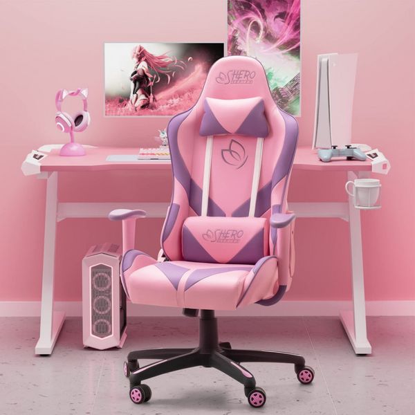 Homall Cadeira de Escritório Gamer Ajustável, Giratória e Reclinável de Couro Sintético, Rosa