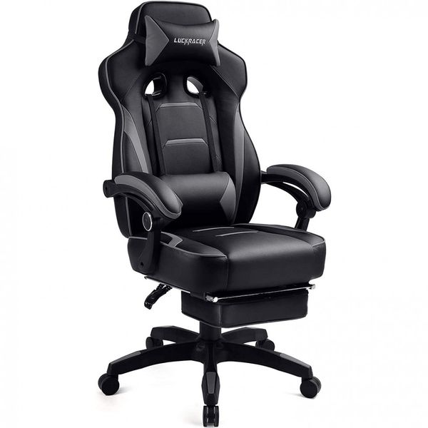 Cadeira de Escritório Giratória e Ajustável com Apoio para Pés, Lombar, LUCKRACER Gaming 101, Preto