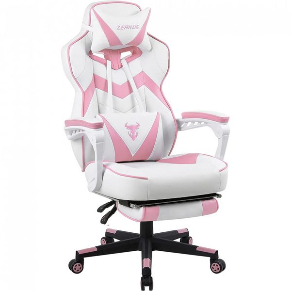 Zeanus Cadeira de Escritório Gamer Ergonômica e Reclinável com Apoio para Pés e Lombar, Rosa e Branca
