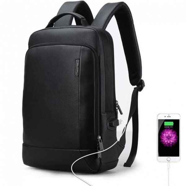 Bopai Mochila de Couro com Carregamento USB Masculina, Preta