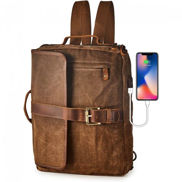 Mochila Vintage de Couro e Lona Encerada Impermeável para Laptop Unissex