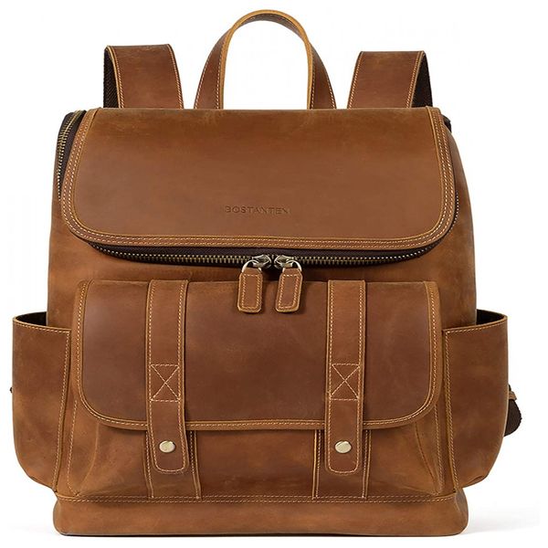 Mochila Vintage de Couro para Notebook Unissex, BOSTANTEN, Marrom